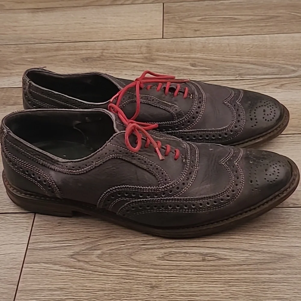 ALLEN EDMONDS Neumok Dark Grey Leather Red Laces Sz 11‎ D Mens Wing Tip Shoes